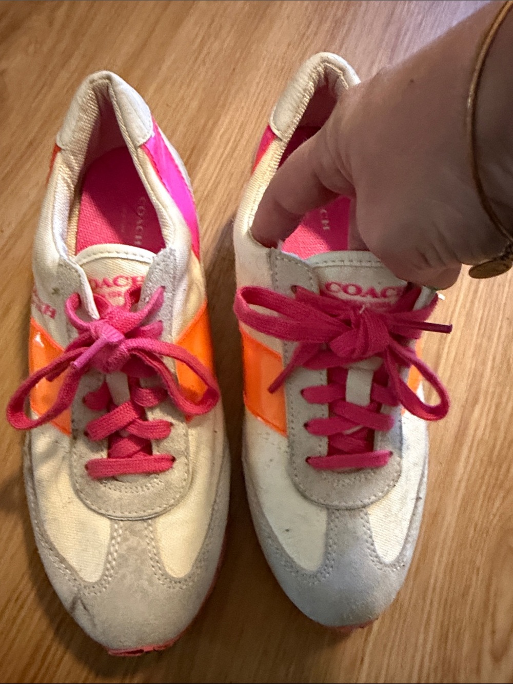 Coach Cream Sneakers with Pink Laces & Orange Side Panels
